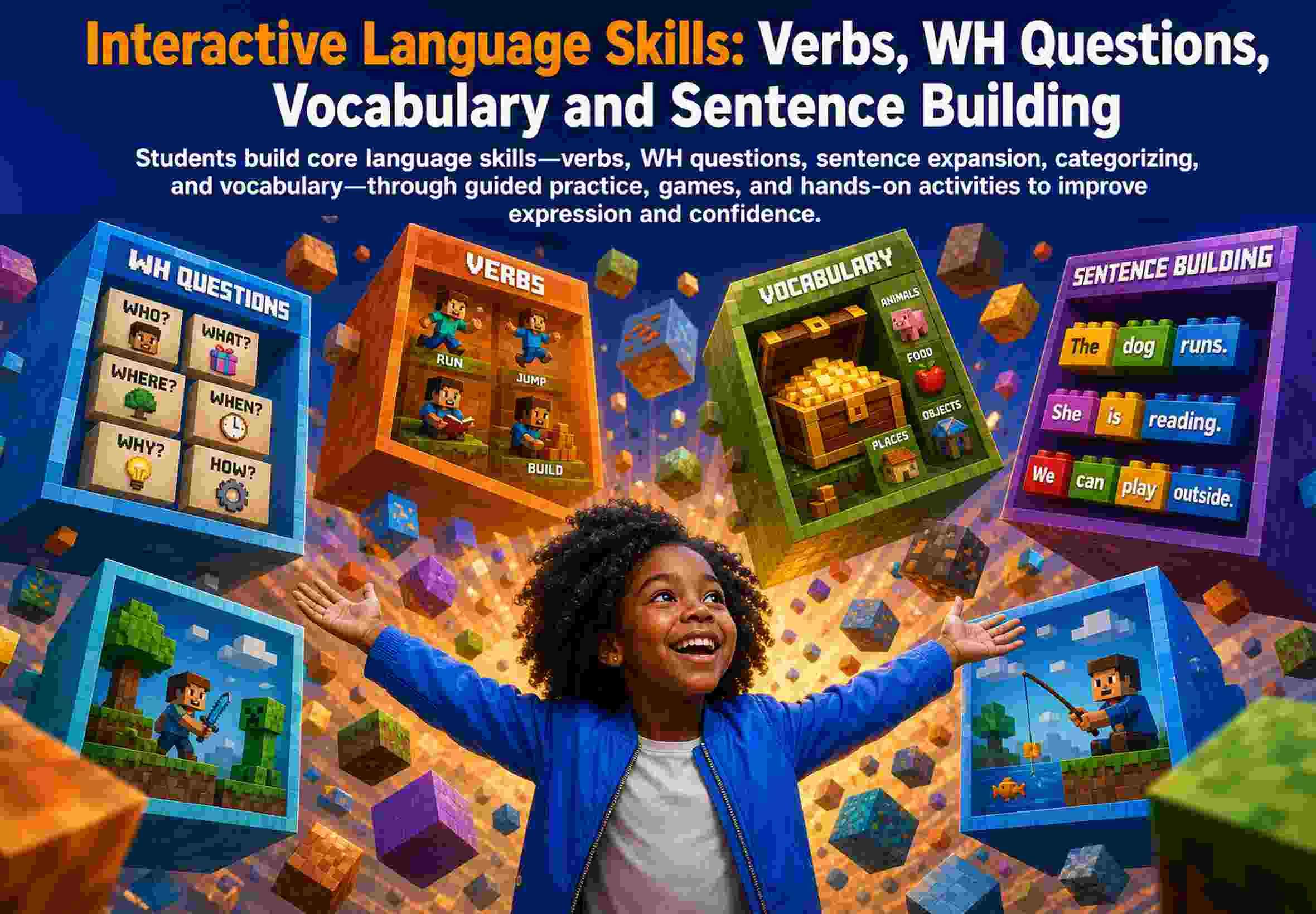 Interactive Language Skills: Verbs, WH Questions, Vocabulary and Sentence Building