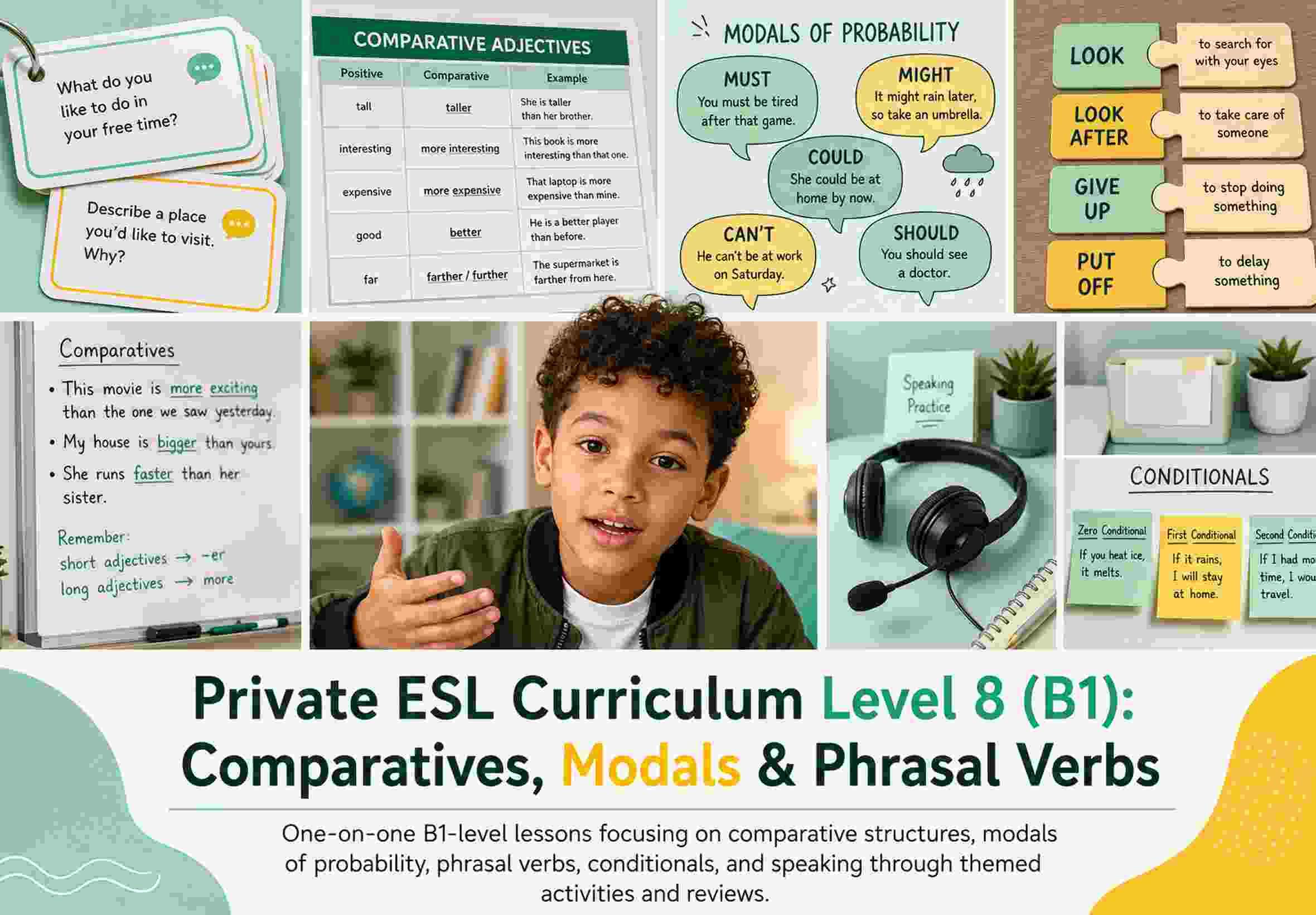 Private ESL Curriculum Level 8 (B1): Comparatives, Modals & Phrasal Verbs