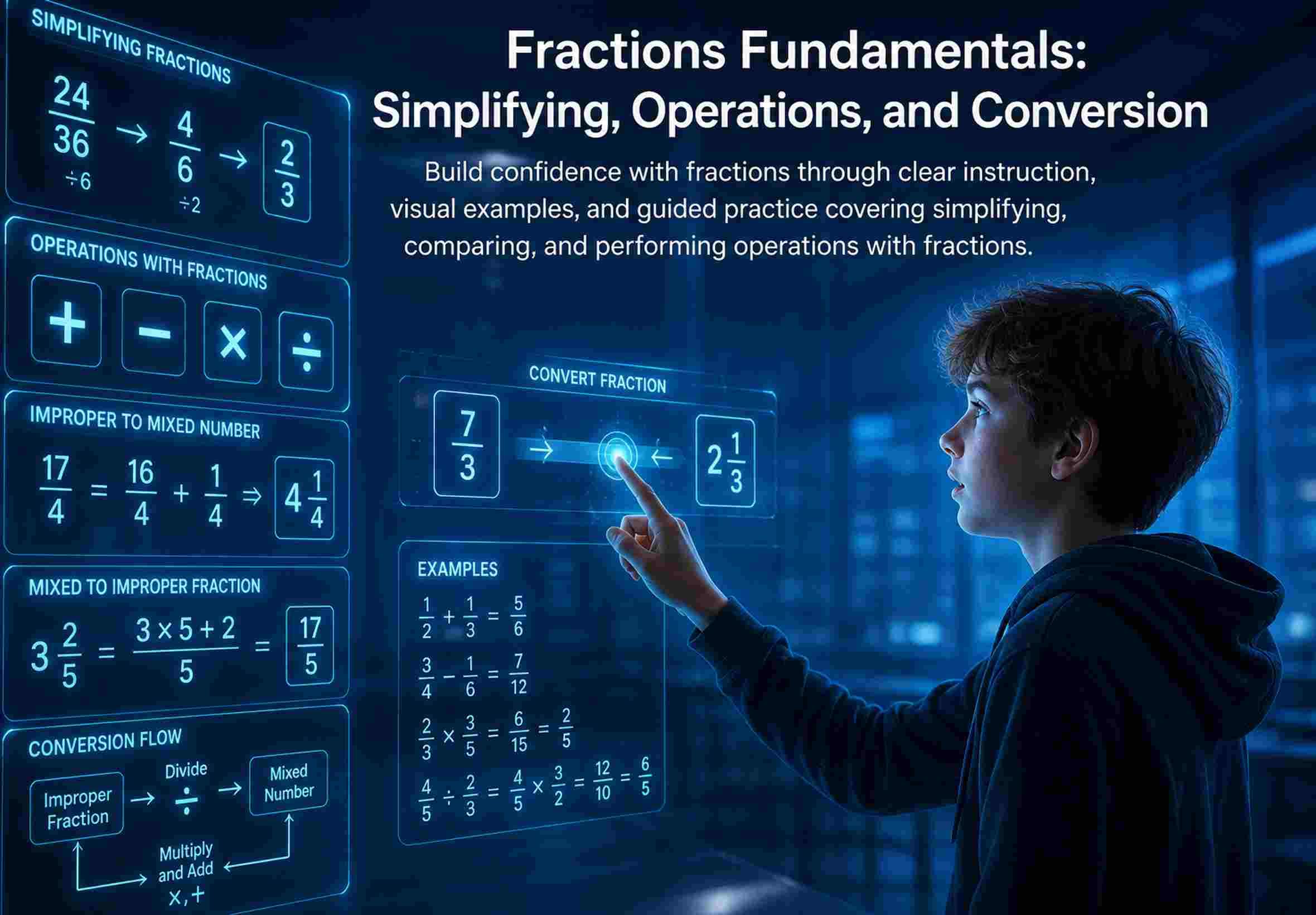 Fractions Fundamentals: Simplifying, Operations, and Conversion