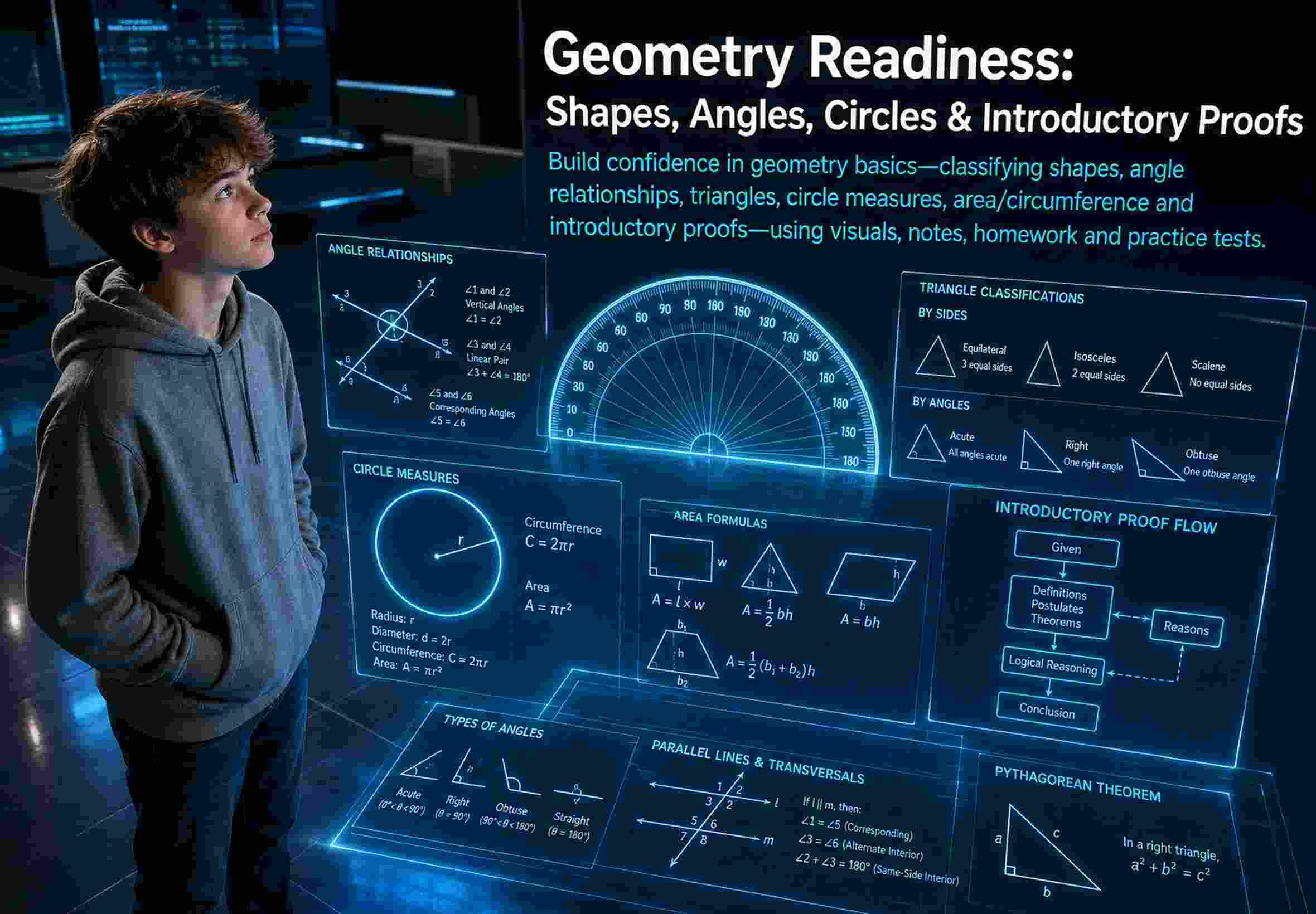 Geometry Readiness: Shapes, Angles, Circles & Introductory Proofs