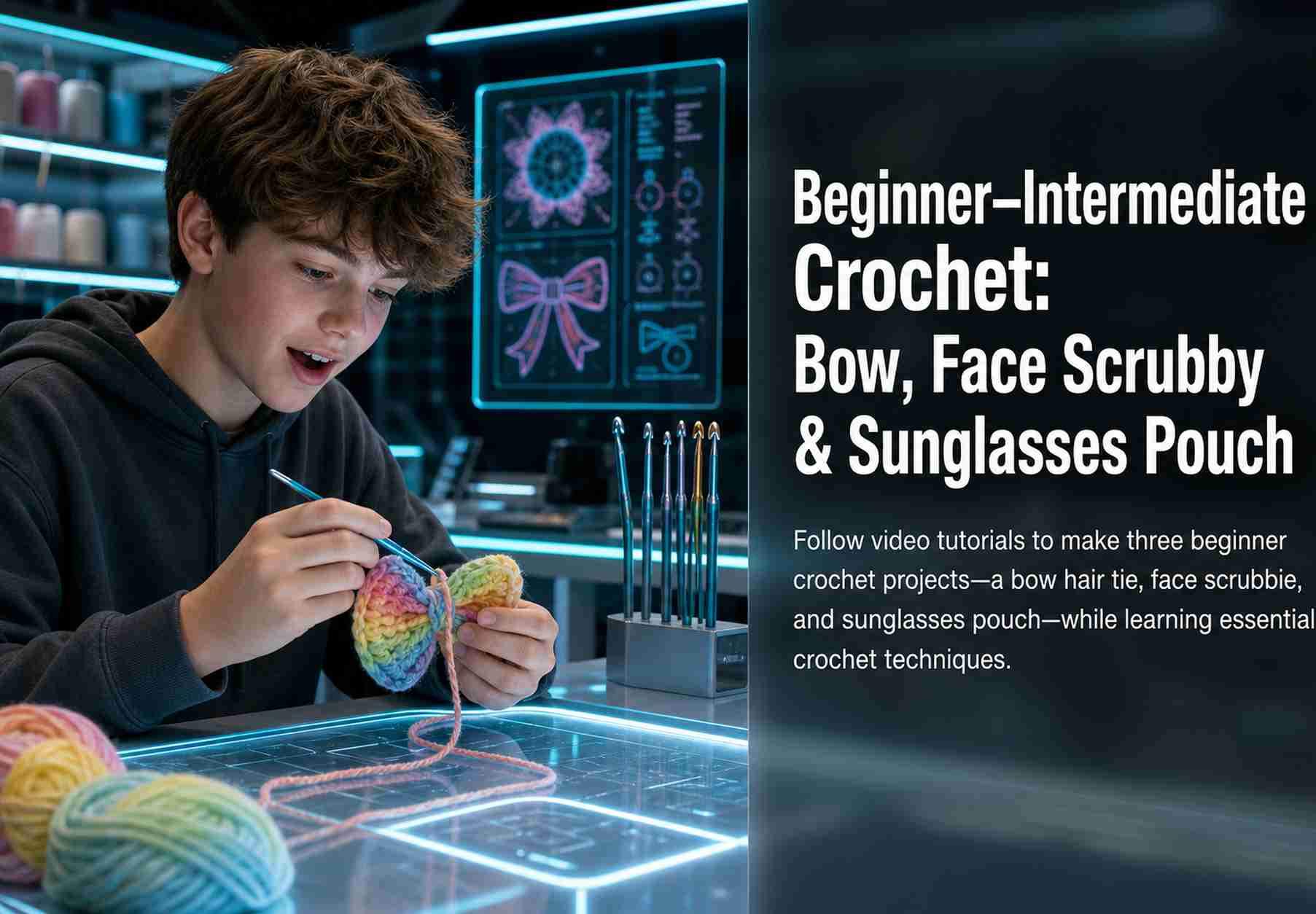 Beginner–Intermediate Crochet: Bow, Face Scrubby & Sunglasses Pouch