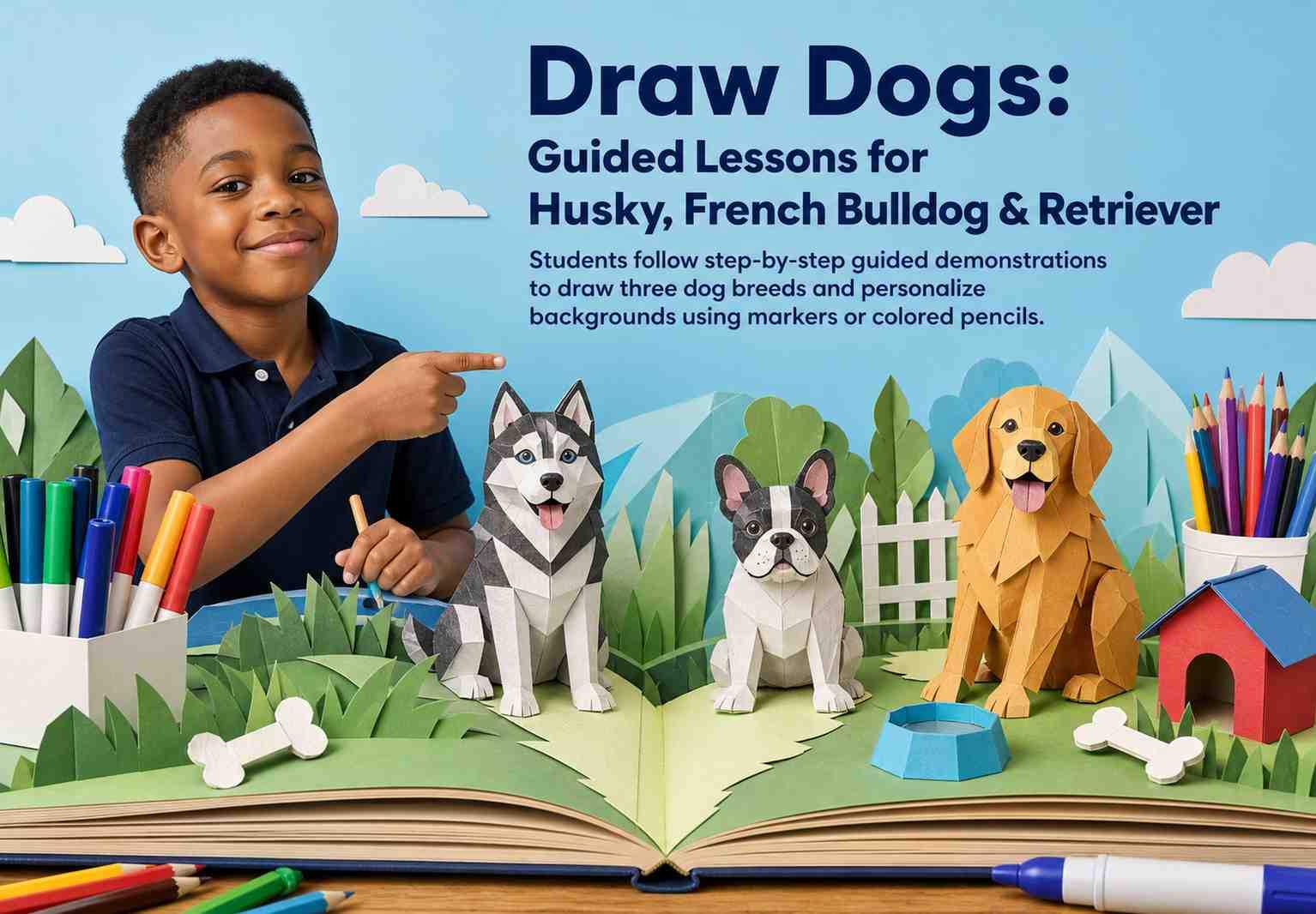 Draw Dogs: Guided Lessons for Husky, French Bulldog & Retriever
