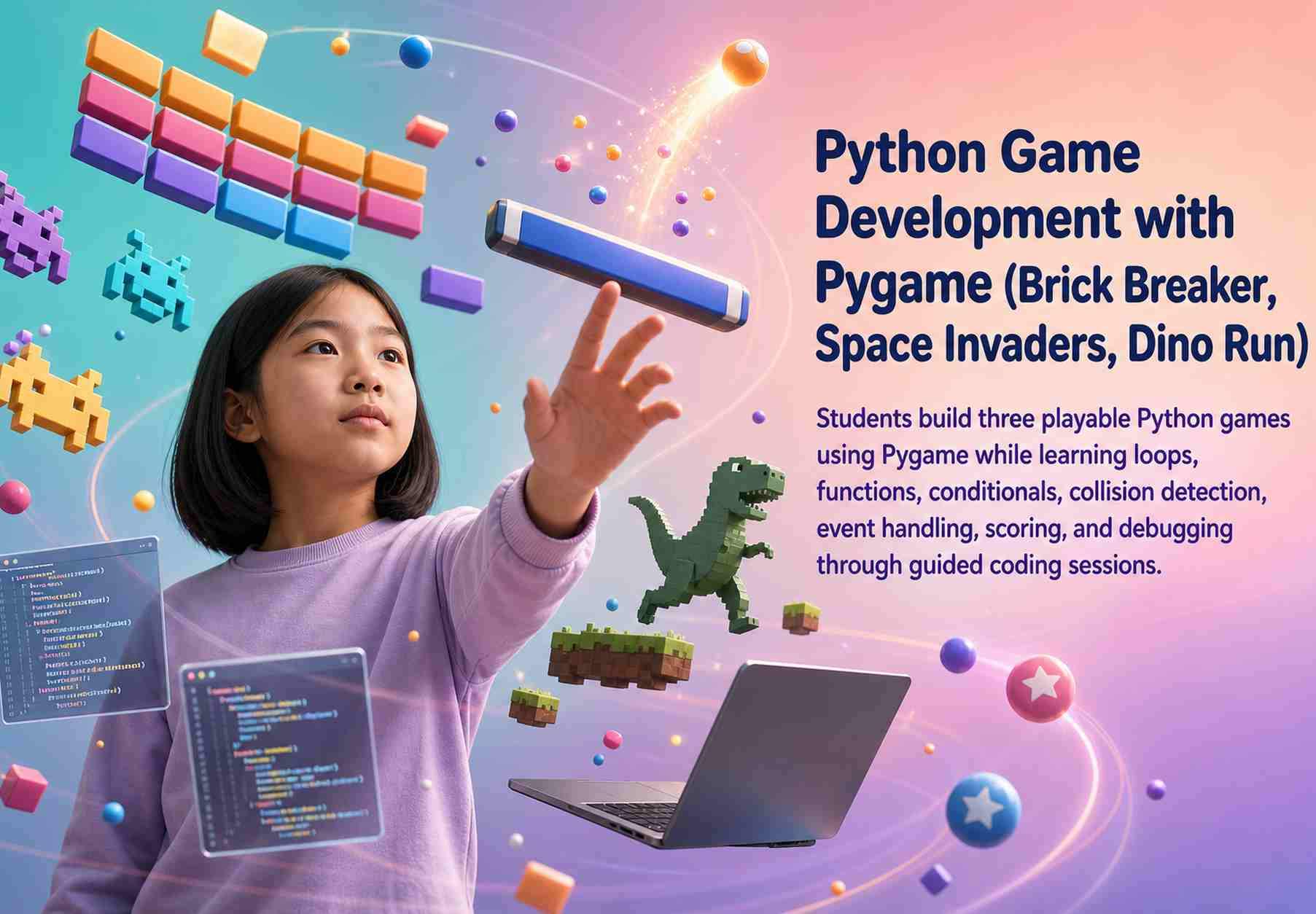 Python Game Development with Pygame (Brick Breaker, Space Invaders, Dino Run)