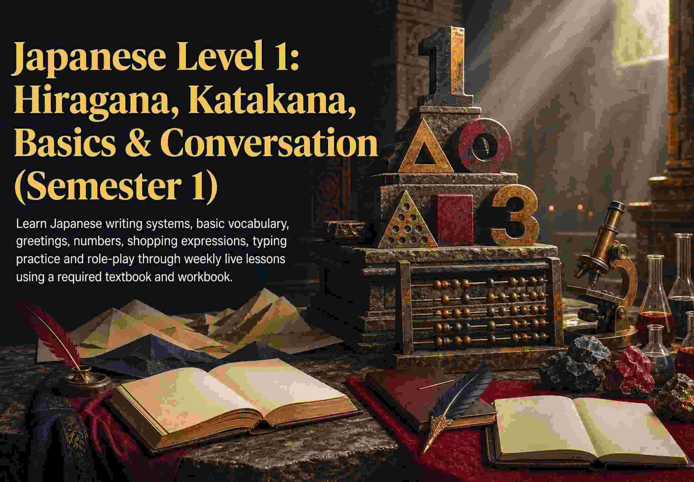 Japanese Level 1: Hiragana, Katakana, Basics & Conversation (Semester 1)